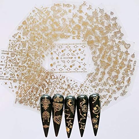 NAIL ANGEL 24 Sheets Nail Art Adhesive Gold Color Sticker Sheets Moon Star Universal Flower Shapes Sticker Sheets Nail Art Deco 10057 Cover