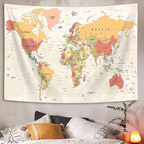 Miniatura 4 de VeiVian Tapiz de mapa del mundo, mapa del mundo, topografía vintage, pósteres educativos para estudiantes universitarios, arte de pared, tapiz de