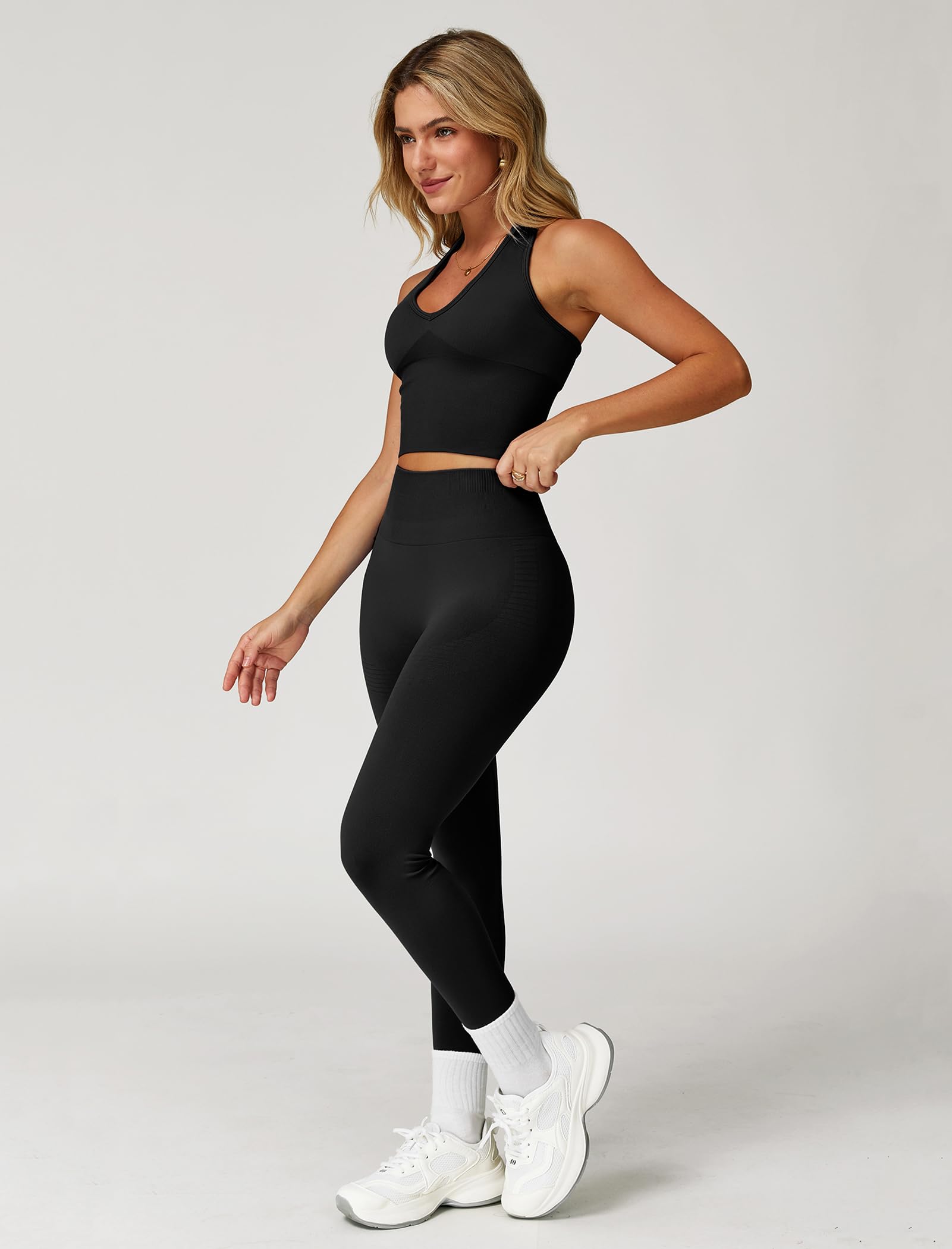 Odizli Set sportivo da donna, con scollo a V, reggiseno a vita alta, leggings da palestra, fitness