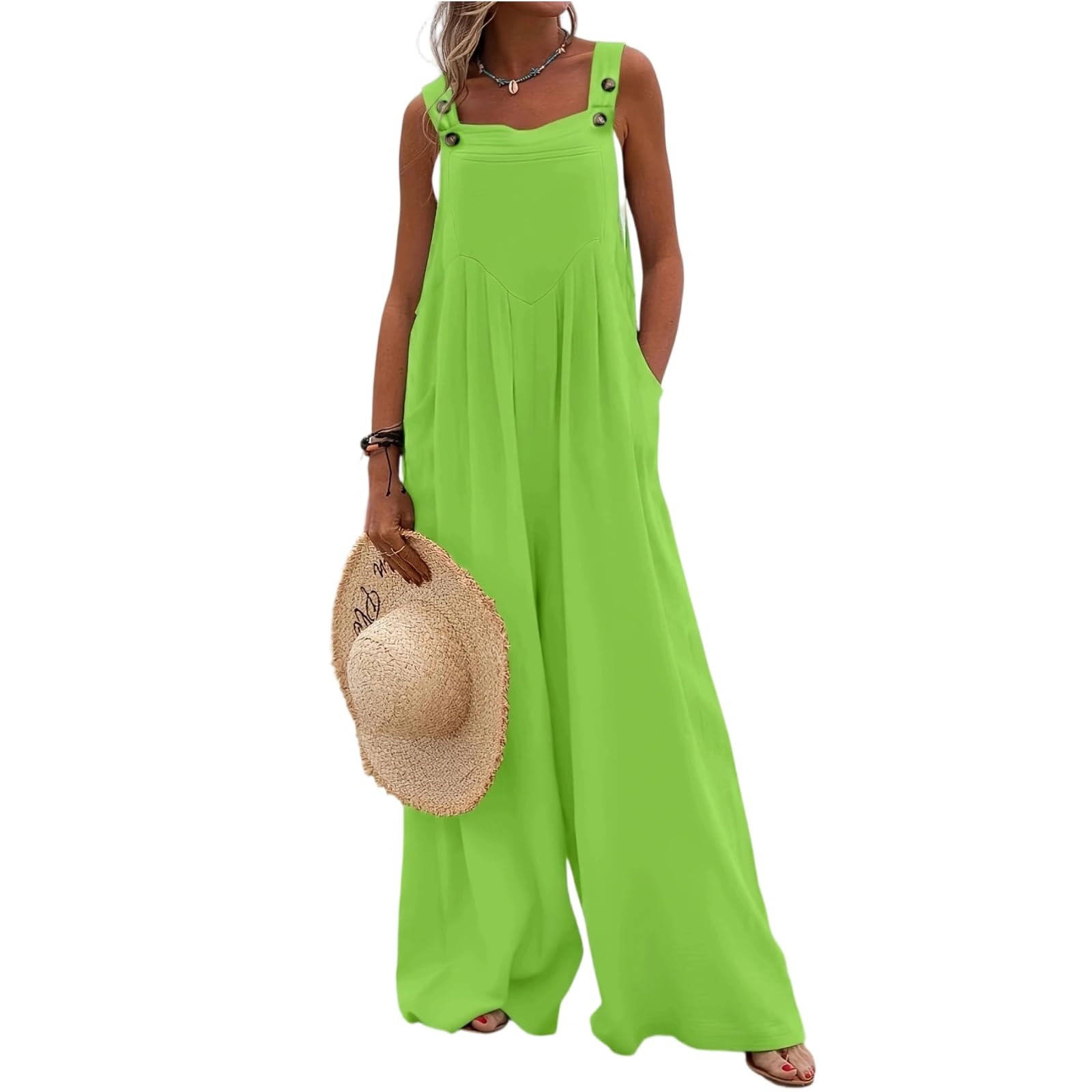 Generisch Latzhose Damen Sommer Baumwolle Jumpsuit Damen Elegant Weites Bein Overall Lang Mit Taschen Jumpsuits Ärmellos Overalls Mit Knöpfe Latzhosen Frauen Strand Playsuit Kuschelig Romper Casual