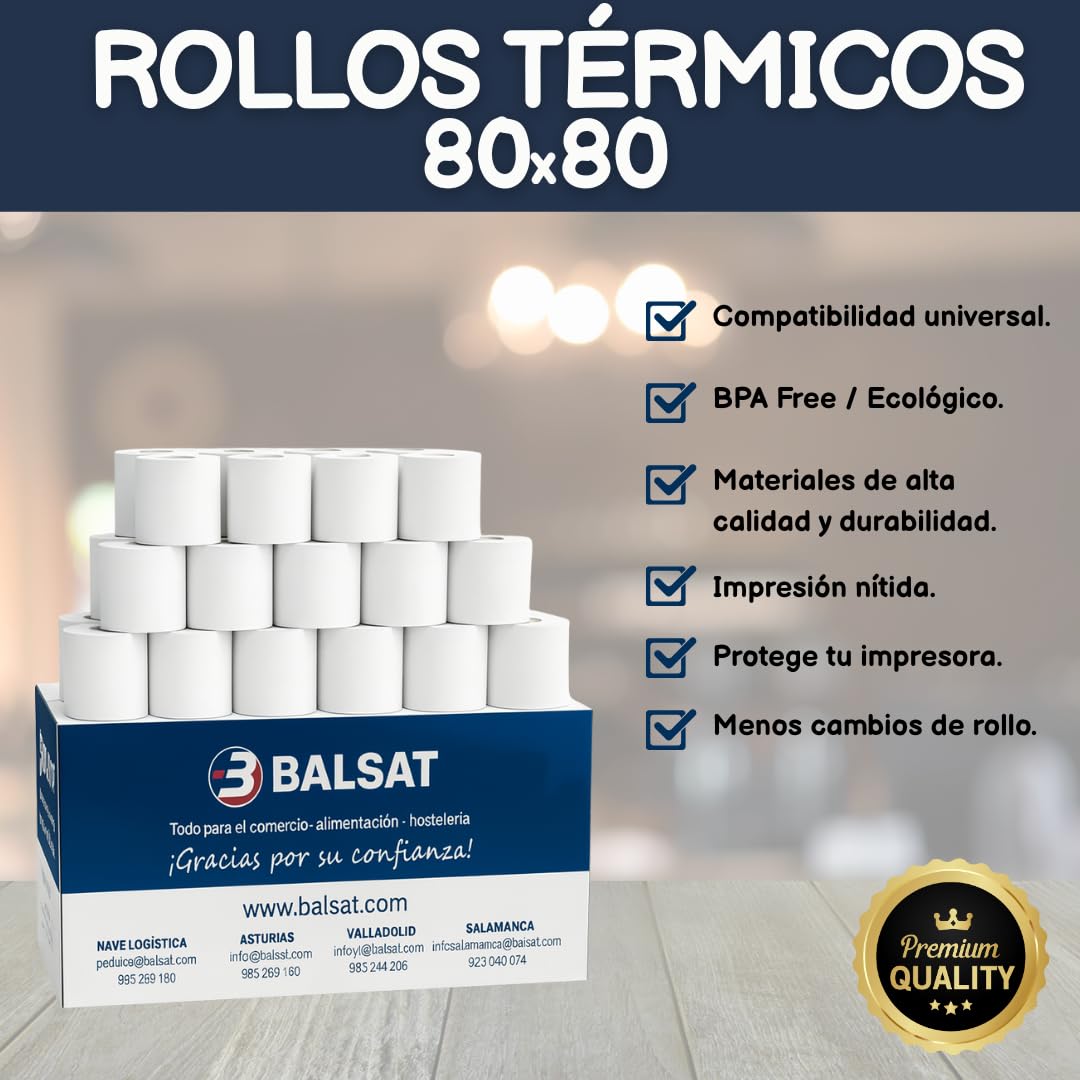 BALSAT Rollo de Papel Térmico 80x80mm | Para Impresora Térmica TPV | Caja 50 Uds de Papel Térmico para Impresora de Tickets | Rollo Térmico 80x80 de Calidad para Papelería, Negocio y Caja