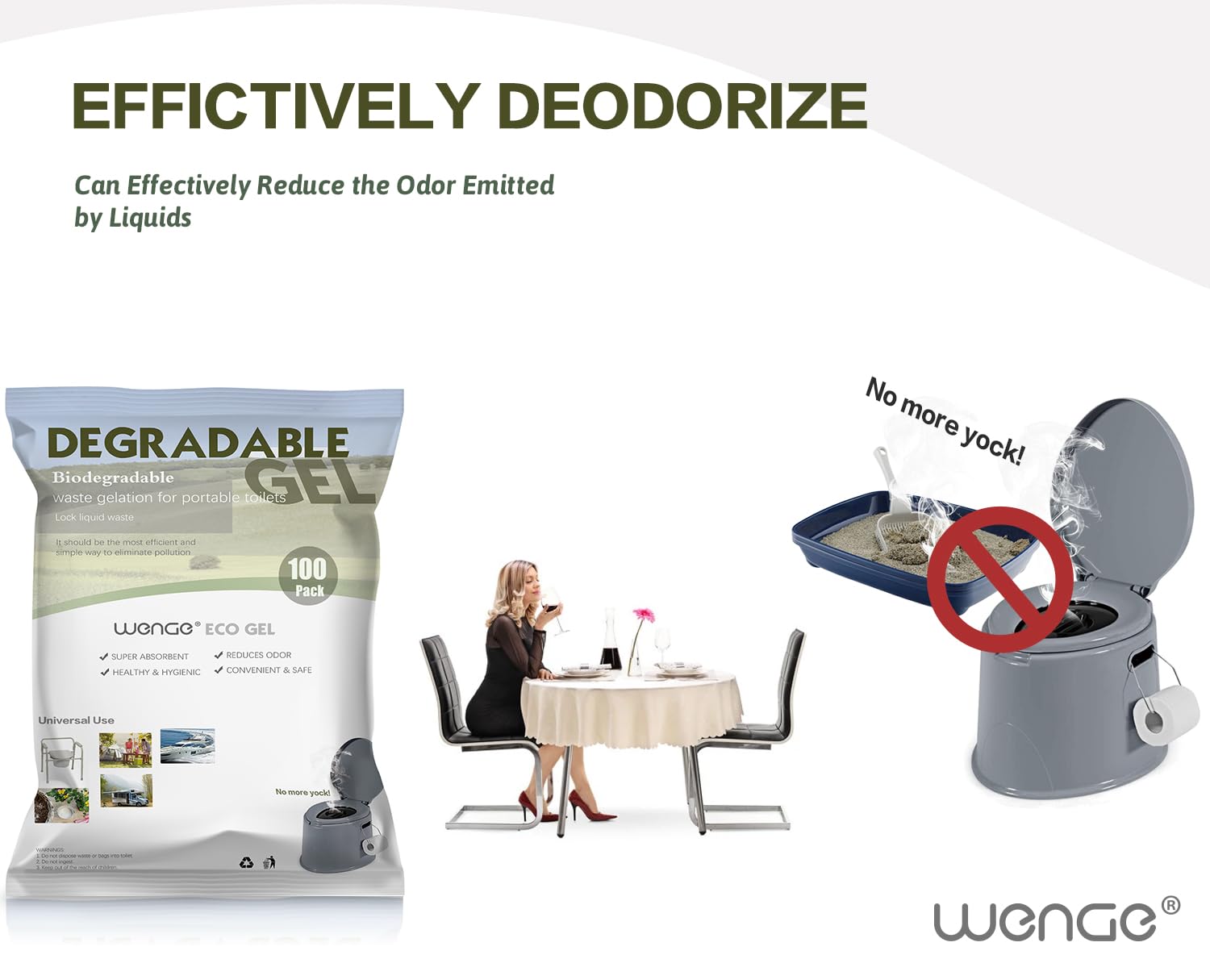 Wenge Gel de caca para inodoro portátil para camping, paquete de 100 unidades de orina súper absorbente, solidificante, polvo desodorizante y gelificante de residuos líquidos, gel ecológico para