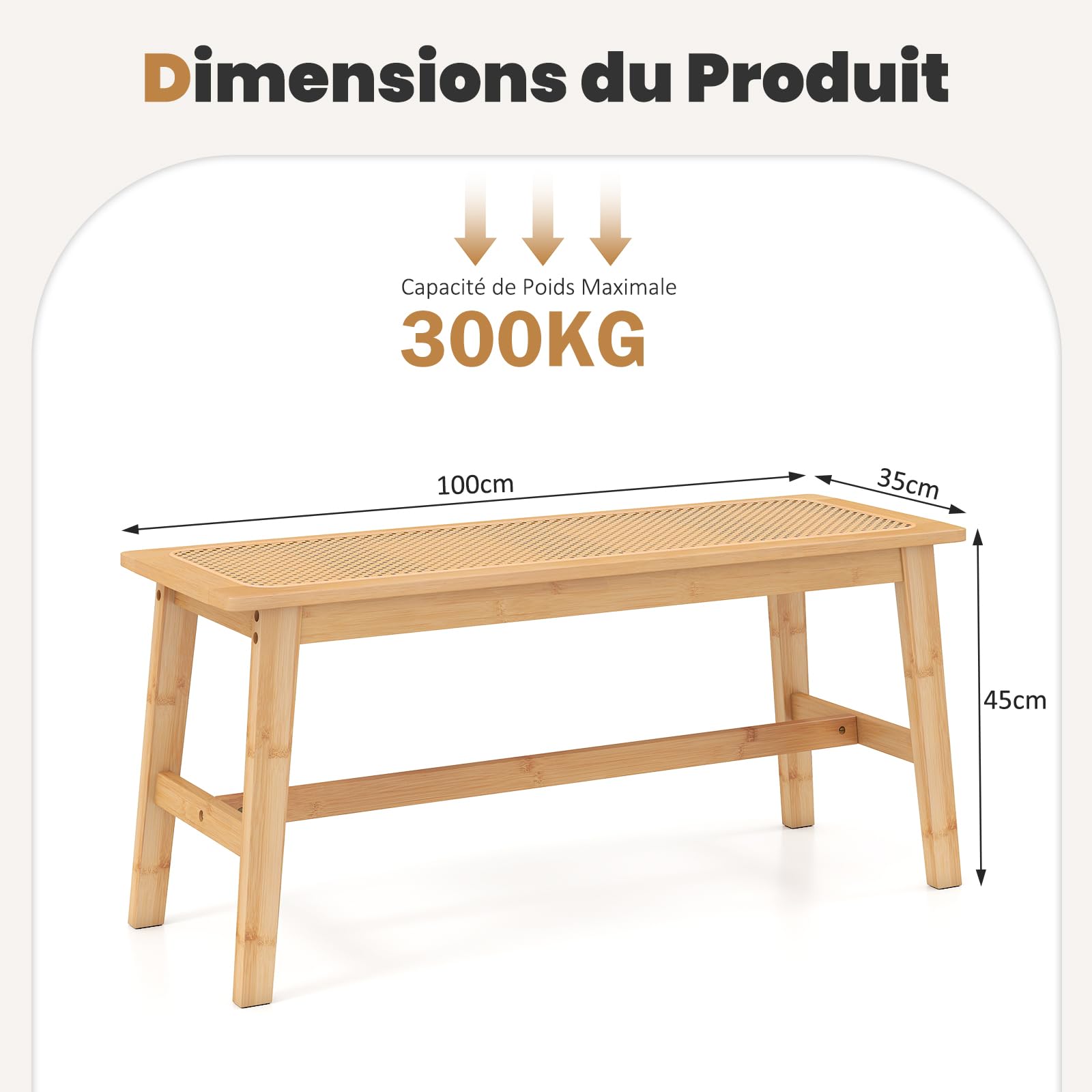 COSTWAY Banc de Salle à Manger en Bambou, Assise en Rotin PVC, Banquette pour 2 Personnes, Patins Antidérapants, Banc Interieur pour Cuisine Entrée Bout de Lit, Charge 300 kg, 100 x 35 x 45 cm
