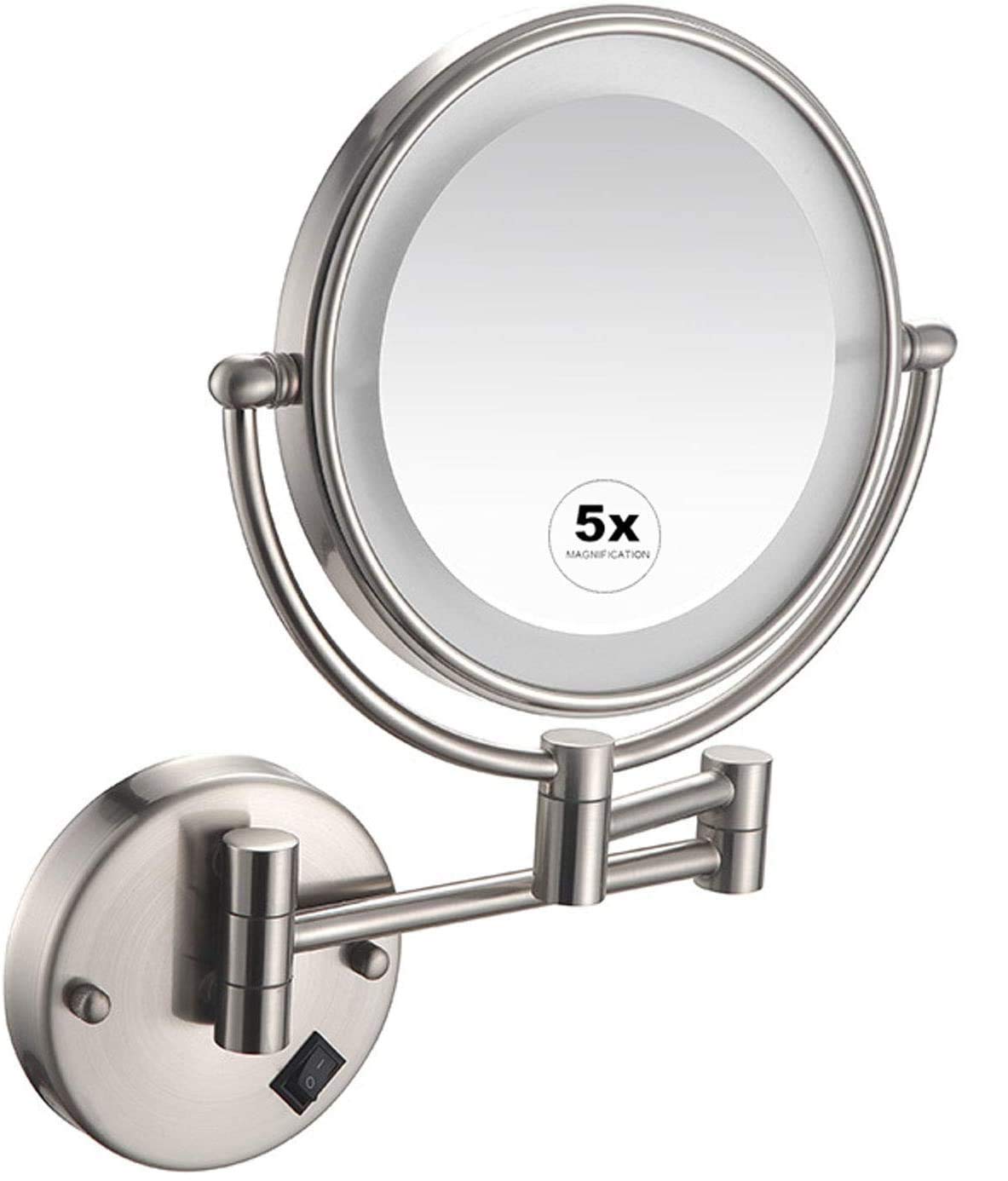 SHY Shaving Mirrors LED Lighted 5X Magnifying Wall Mounted for Bathroom Double Sided Makeup Mirrors with Extendable Arms Swivel 360 Rotation, USB Rechargeable, Nickel wire drawing