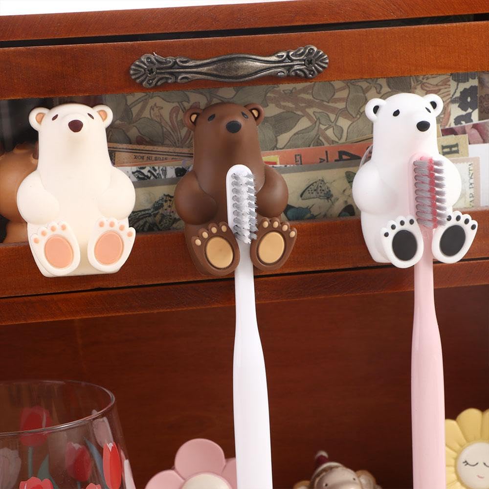 Vctitil 3pcs Cartoon Bear Toothbrush Holder Creative Cute Polar Bear Holders Wall Mounted Suction Cup Storage Rack Bathroom Accessories(Pure White/Milky White/Dark Brown)