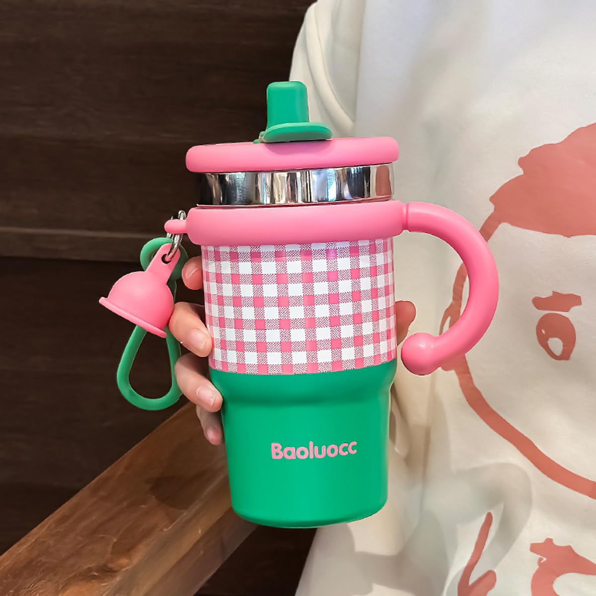 Spooky Stainless Steel Tumbler with Straw – 600ML Capacity, Insulated for 6-12 Hours – Portable, Vacuum-Sealed with Handle & Carrying Rope, Perfect for Travel, Office & Gifts - Pink&Green Contrast