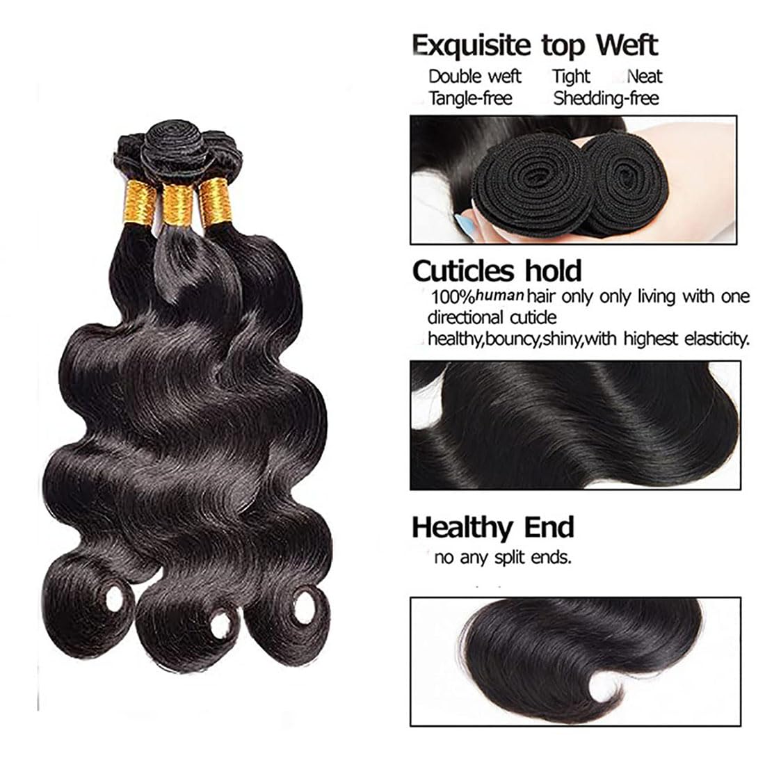 Echthaar Tressen Body Wave Bundles Human Hair Unprocessed Remy Extensions Menschliche Haar Double Weft Natürliche Schwarze Farbe 3 Bundles Per Pack Total 150g 30 32 34 Inch