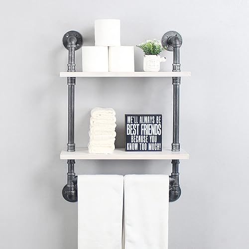 Miniatura 6 de MBQQ - Estante industrial de tubería para baño, estantes de pared, estante de madera rústica de 19.6 pulgadas con toallero, 2 estantes de toalla