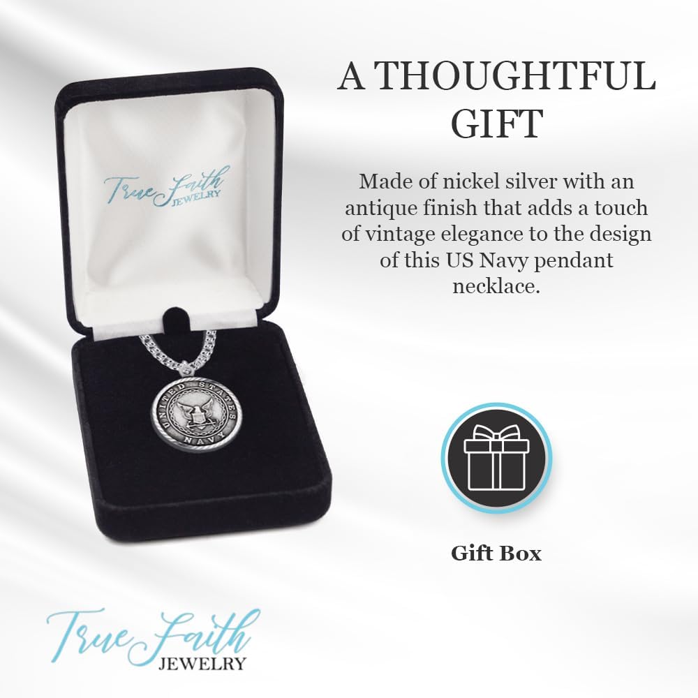True Faith Jewelry Sterling Silver United States Navy Service Medal with St Michael Patron Saint Archangel Pendant Necklace, 3/4 Inch