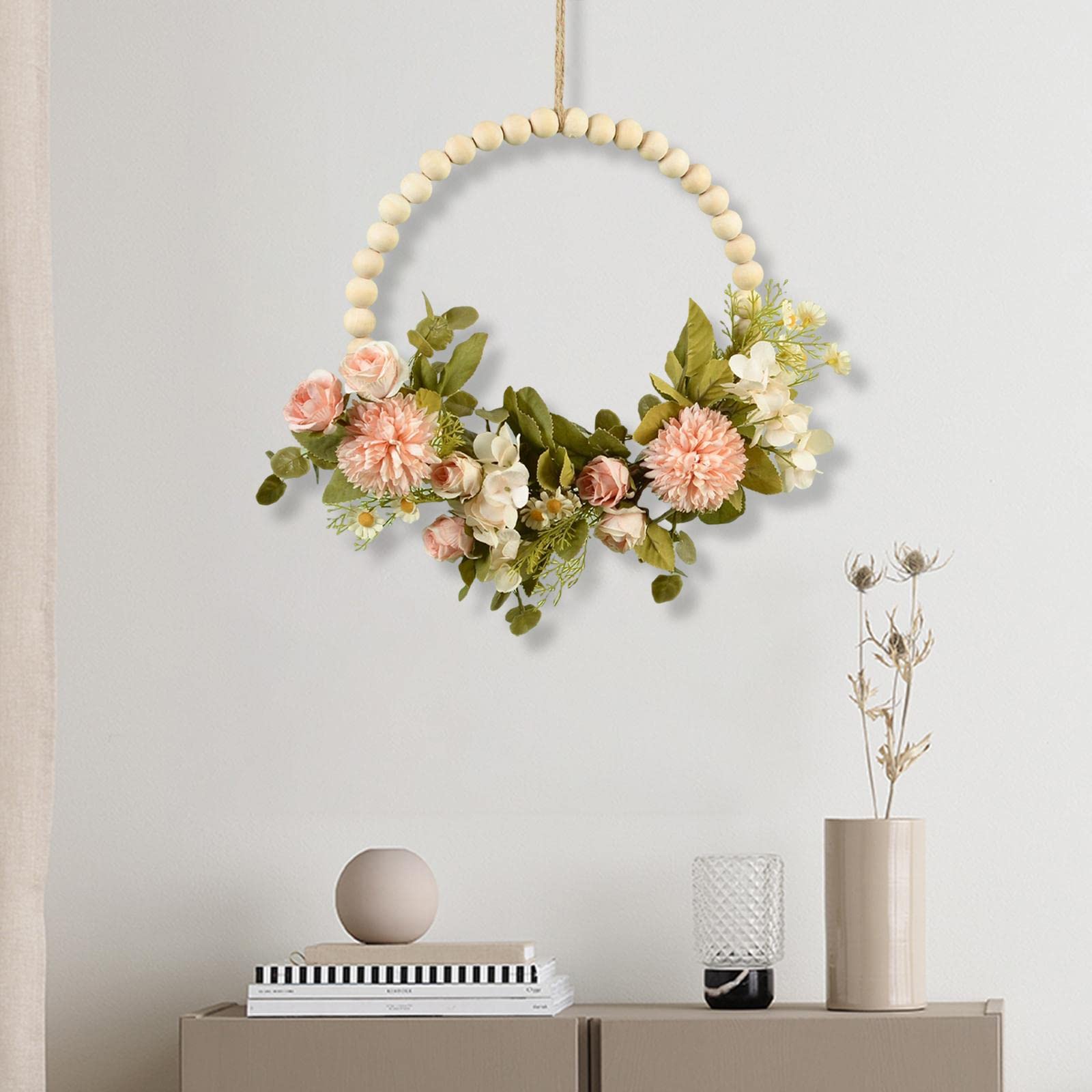 Künstlicher Blumenkranz, Türgirlande, Dekoration mit Perlen, Holz Und Grünem Laub, Geeignet für Die Dekoration von Schlafzimmern, Esszimmern Und Türen, ROSA