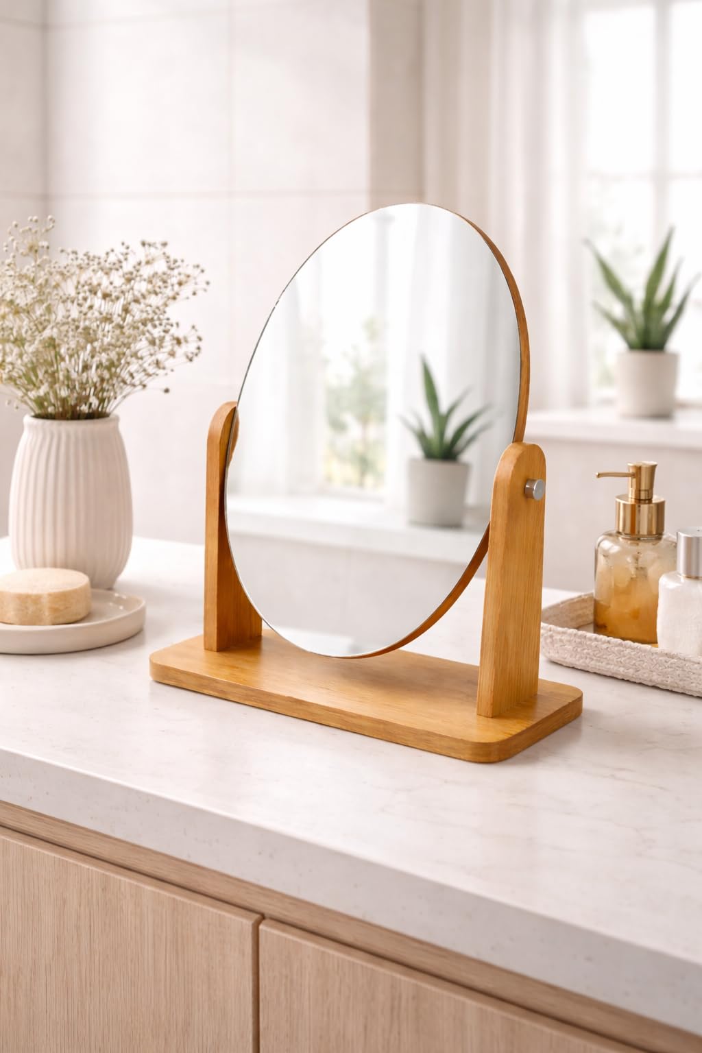Oval Wooden Tabletop Vanity Mirror with Adjustable Stand – 360° Rotating Makeup Mirror – Portable Desk Mirror for Bedroom, Bathroom & Dressing Table – Natural Wood Finish-image-10