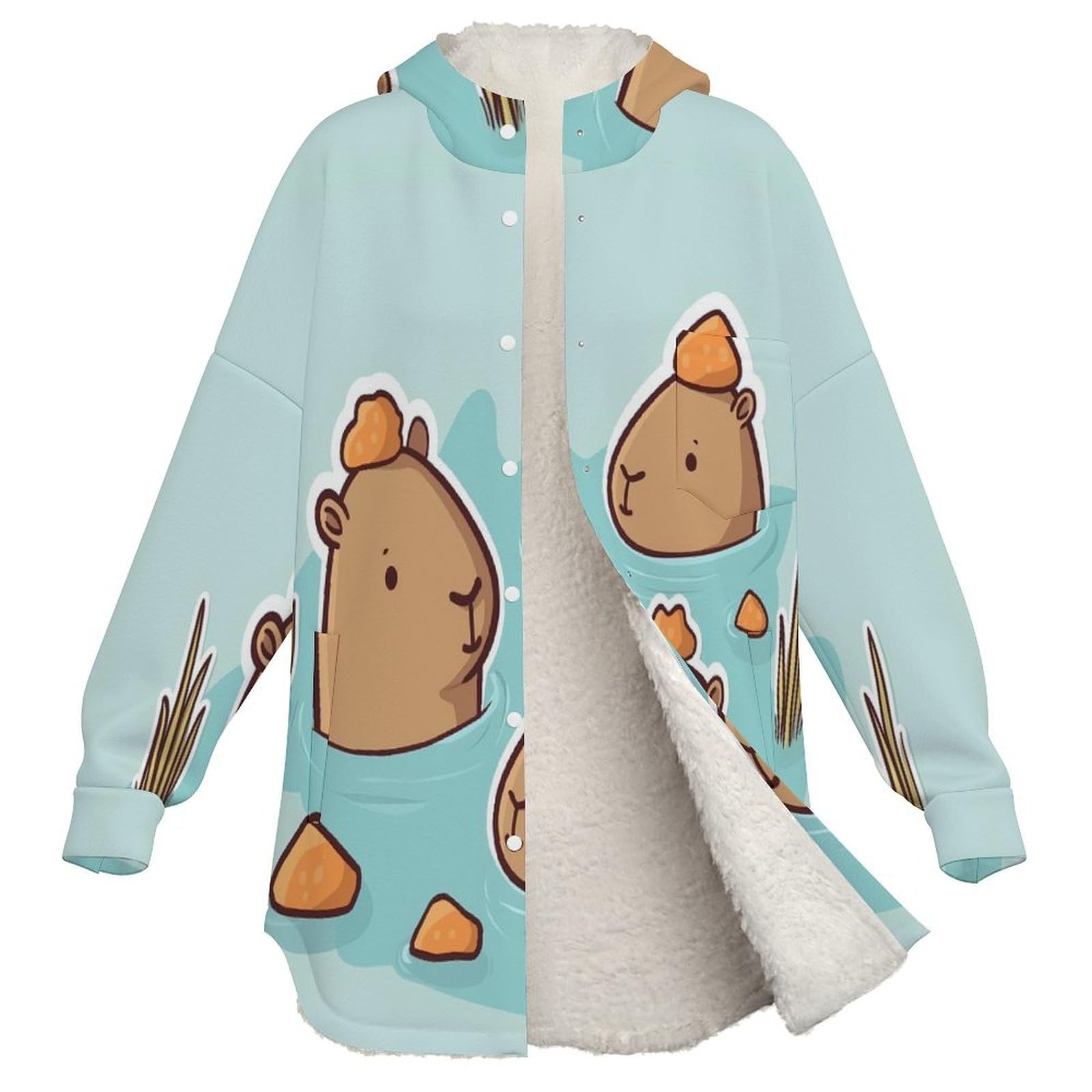Sudadera Invierno con Capucha de Forro Polar Mujer Carpincho Nadando Cálido Hoodies a Manga Larga Felpa Sudadera con Bolsillos, Azul Claro
