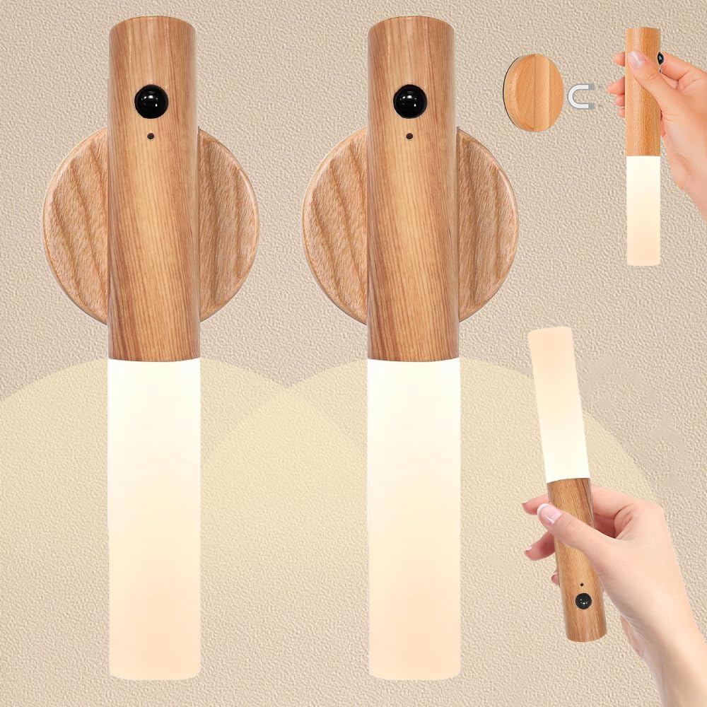 2 Piezas Lampara Inalambrica LED Pared, Luces De Pared Magnéticas Recargables USB, Con Sensor De Movimiento, Para Dormitorio, Pasillo, Escalera (Arce Blanco)