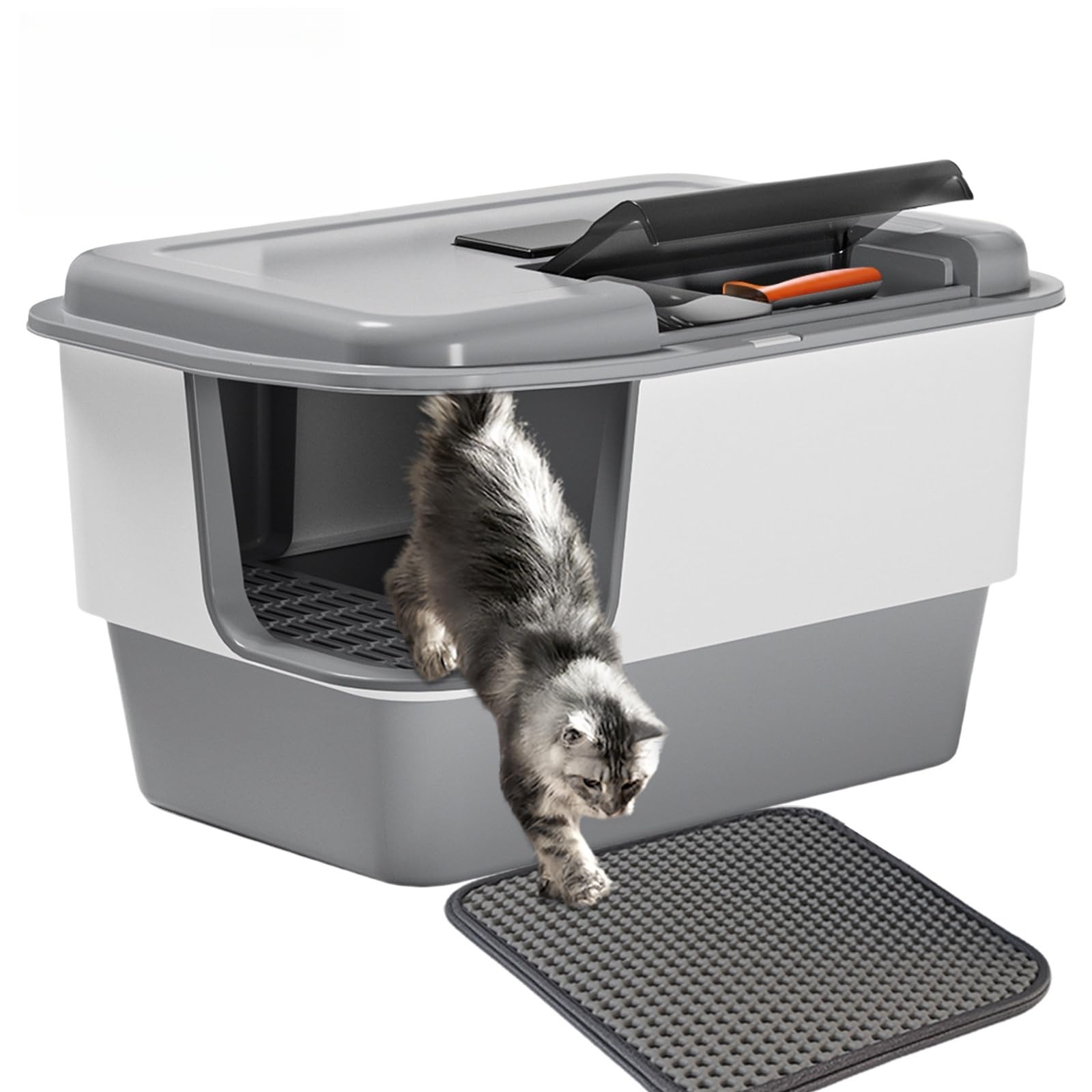Lettiera XXXL con coperchio, extra large 66 cm di lunghezza x 47 cm di larghezza x 39 cm di altezza, lettiera per gatti grandi, a prova di perdite, facile da pulire (grigia)
