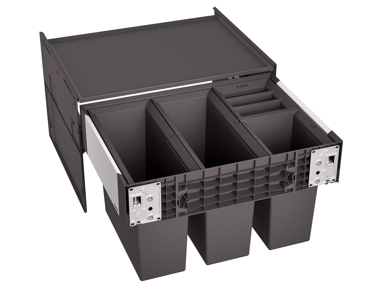 BLANCO SELECT II 60/4 | Abfall Müllsystem | für 60 cm breite Unterschränke | Auszugssystem zur Frontanbindung | 2 x 15l und 2 x 6l Eimer | 1 x Eimerdeckel 6l | 400mm Auszugstiefe | [56,8x40x36,1 cm]
