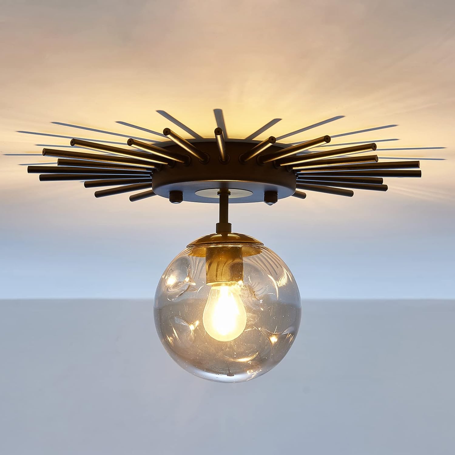 UOFUS Small Black Flush Mount Ceiling Light with Glass Globe Sputnik Starburst Chandelier 1-Light Close to Ceiling Light Fixture for Hallway Dining Room Bedroom Kitchen Foyer Closet Bathroom