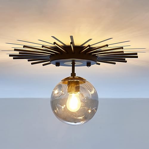 UOFUS Lámpara de techo pequeña de montaje empotrado negra con globo de cristal Sputnik Starburst 1 luz cerca de techo para pasillo, comedor,