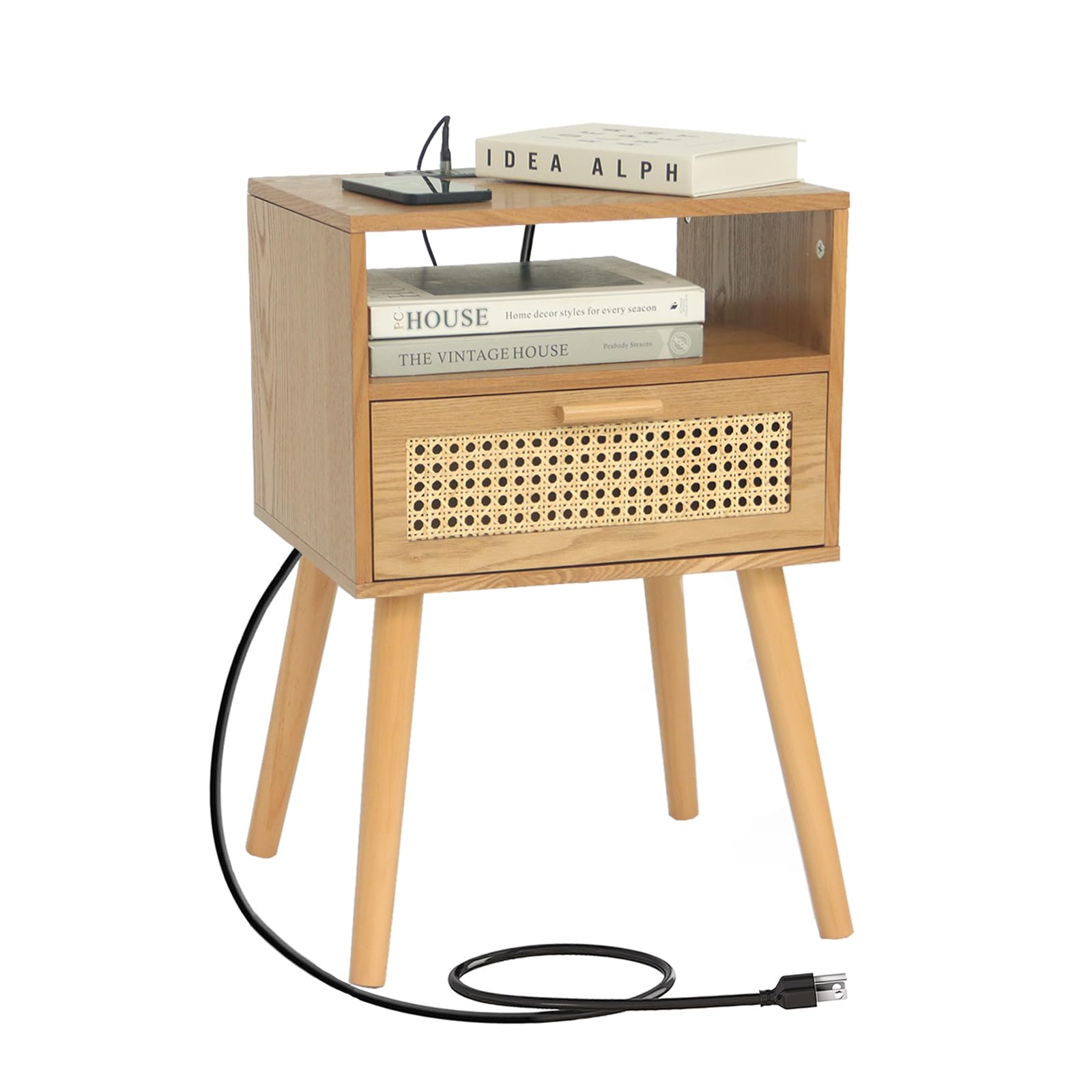 MaxSmeo Mid Century Modern Nightstand with Charging Station, Bedside Tables with Rattan Drawer, Small Wood Nightstand Side Table for Living Room,Bedroom (Brown)
