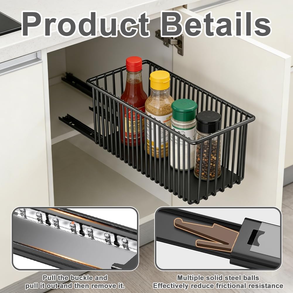 FARYODI 2 cassetti estraibili da cucina, 15,3 x 41 x 16 cm, cassetto telescopico, scaffale portaoggetti da cucina, cassetto estraibile, nero, non richiede fori e chiodi