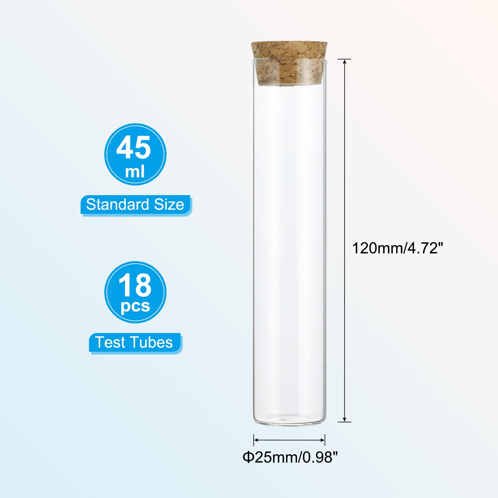 PATIKIL Tubi Prova 45ml, 18pz 4.72x0,98" Tubi Vetro Trasparente a Fondo Piatto Tappo Sughero Gioielli, Caramelle, Sale Bagno, Esperimenti Scientifici, Propagazione Piante