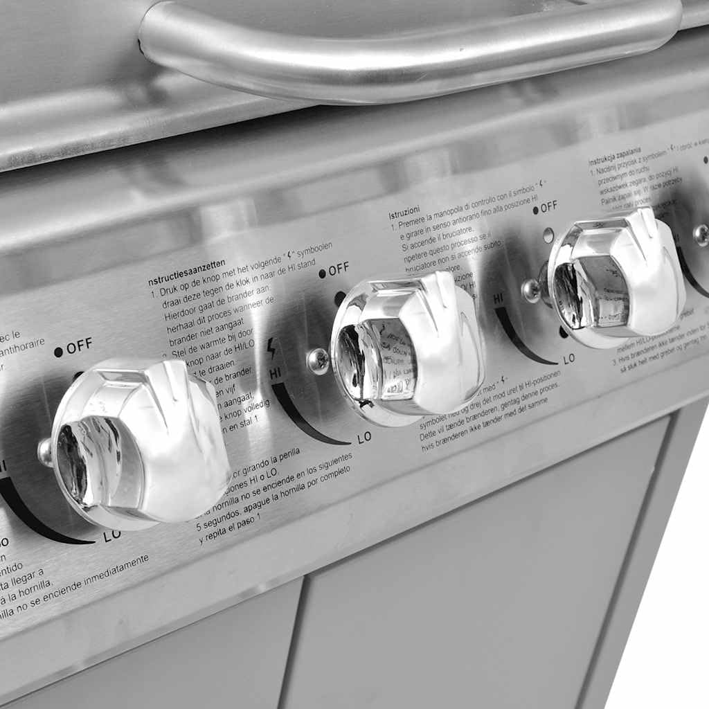 Grill gazowy na srebrnym wózku z 4 palnikami głównymi i 1 palnikiem bocznym, wbudowanym termometrem, stolikiem pomocniczym, szafką do przechowywania i pokrowcem