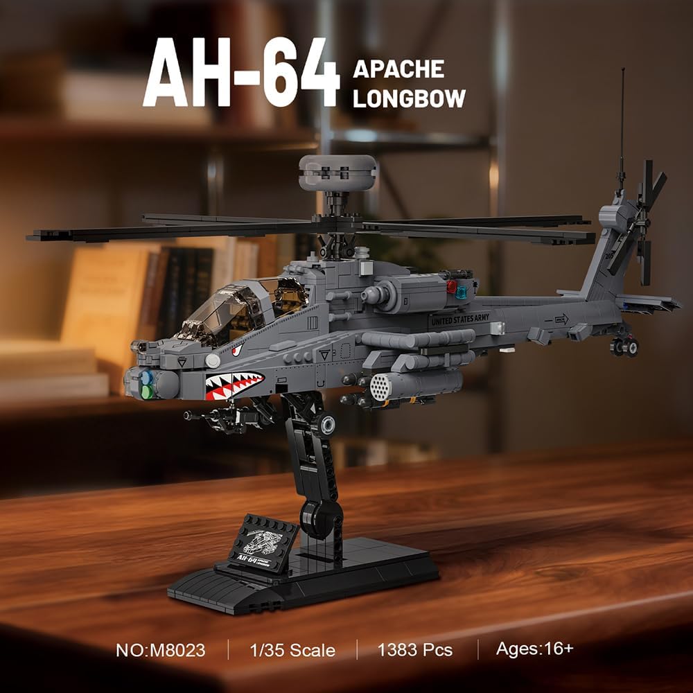 MISINI M8023 AH-64 Apache Longbow Attack Helicopter Building Blocks Set, 1383 Pieces of Military Army Armed Helicopter Building Block Kit, 1:35 Scale, Adult Collection Display Toy Gift Model Airplane