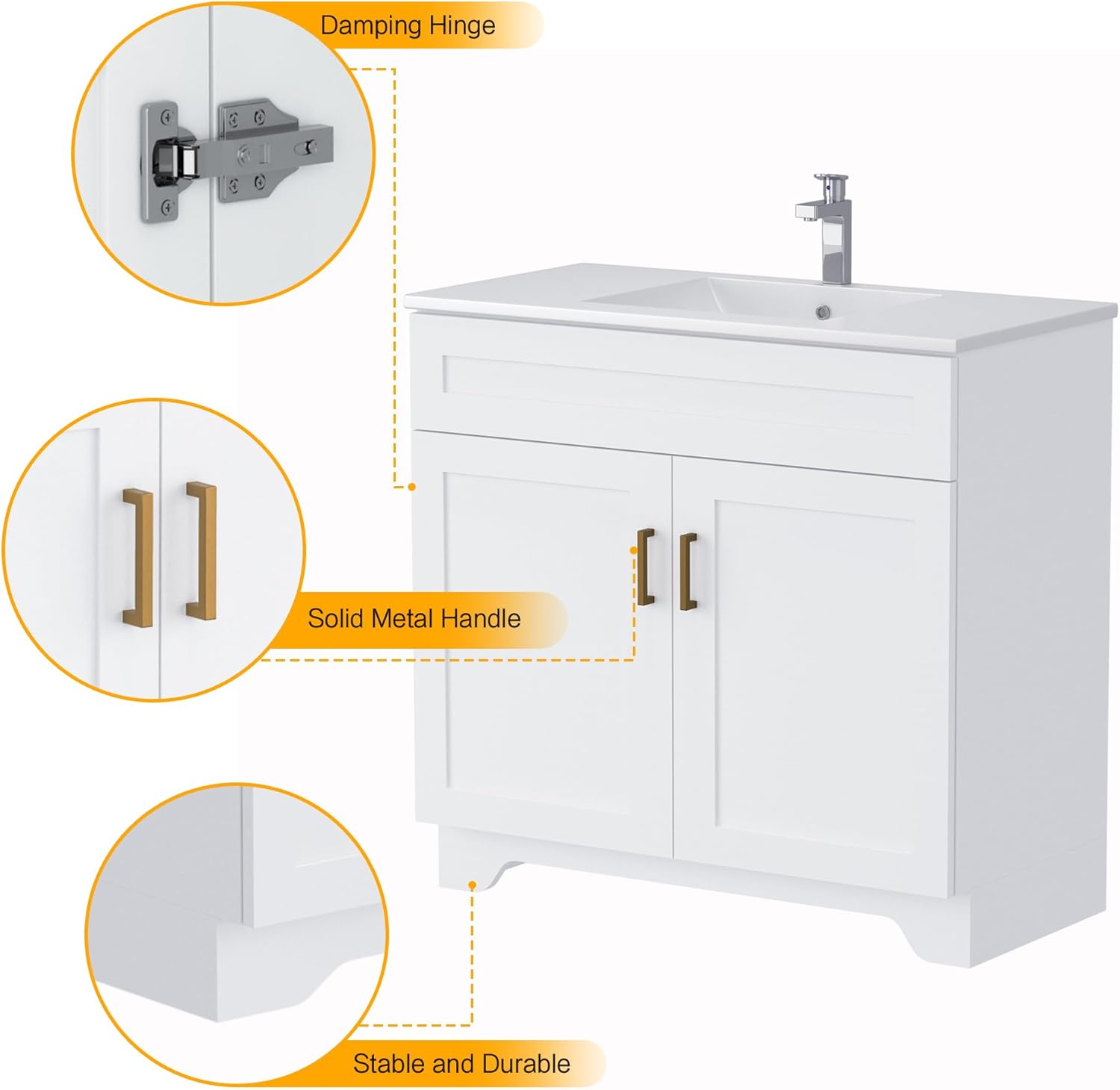 Bathroom Vanity, 36 Inch Bathroom Vanity with Sink, Freestanding Vanity with Sink and 2 Soft Closing Doors, Modern Bathroom Sink Cabinet (Paint, White, 36")