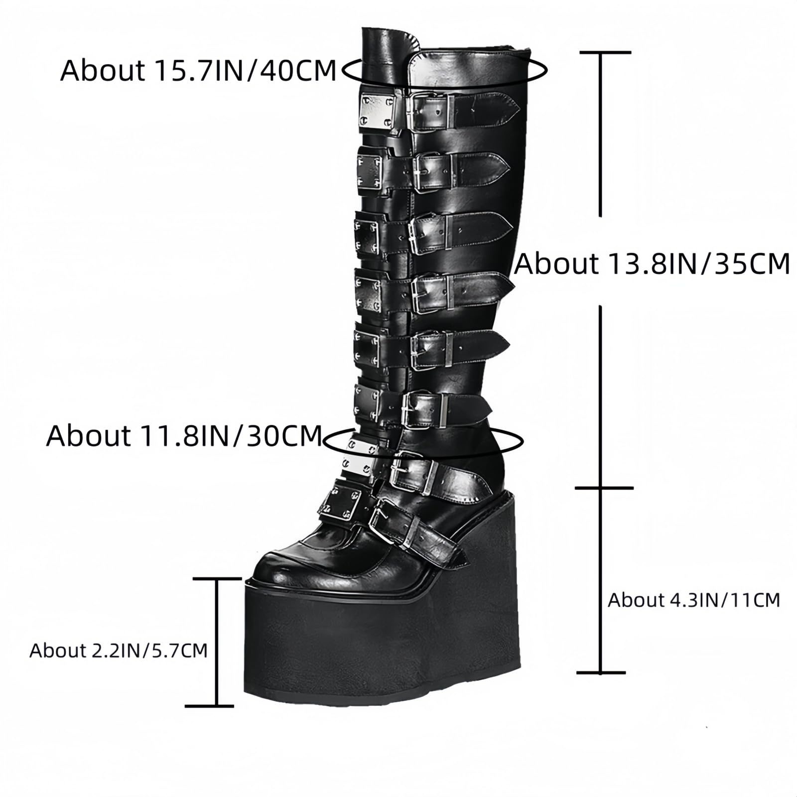 Damen Knie hohe Keil Plattform Stiefel mit Chunky hohe Plattform Absatz Spitze Up & Reißverschluss Punk Goth Mitte Kalb Kampfstiefel Motorrad Stiefel mit Metallschnallen für Herbst Winter