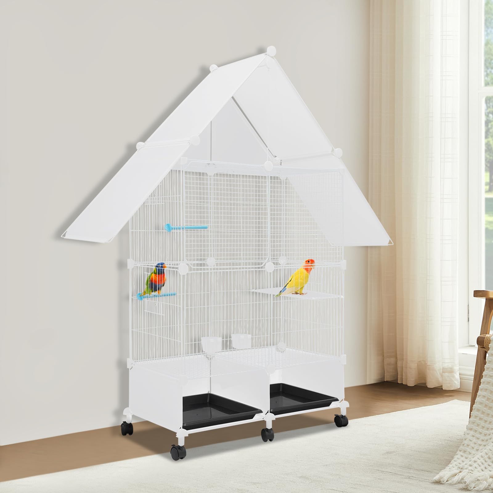 Jaula grande para pájaros con ruedas, jaula para periquitos, juguete con comedero y agua, pequeña puerta antiescape, para cría de aves domésticas en interiores y exteriores (blanco, 2º piso)