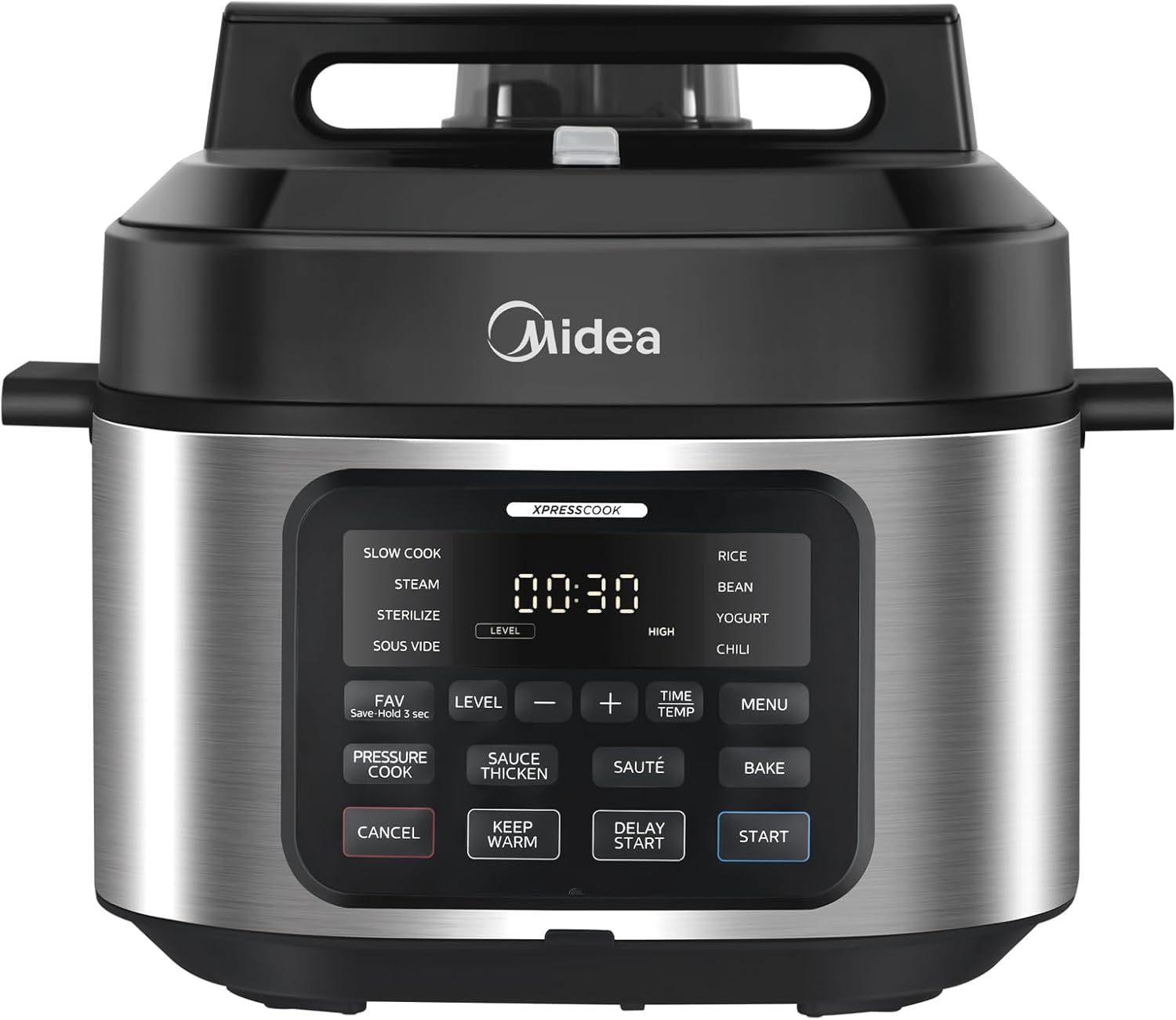Midea 9-in-1 Multikocher, 6L mit 12 Kochfunktionen Elektrischer Schnellkochtopf (Langsamkochen, Reiskocher, Sous Vide, Kuchenbäcker), 70% schneller, gebürsteter Edelstahl & Schwarz