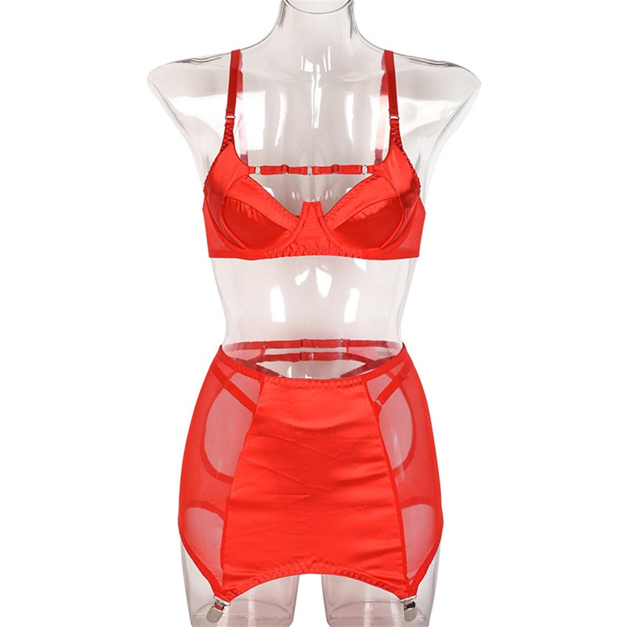 Bragas y sujetador sexy de corte para mujer, conjunto de lencería de cintura alta, conjunto de lencería transparente con liga y 4 pinzas de metal
