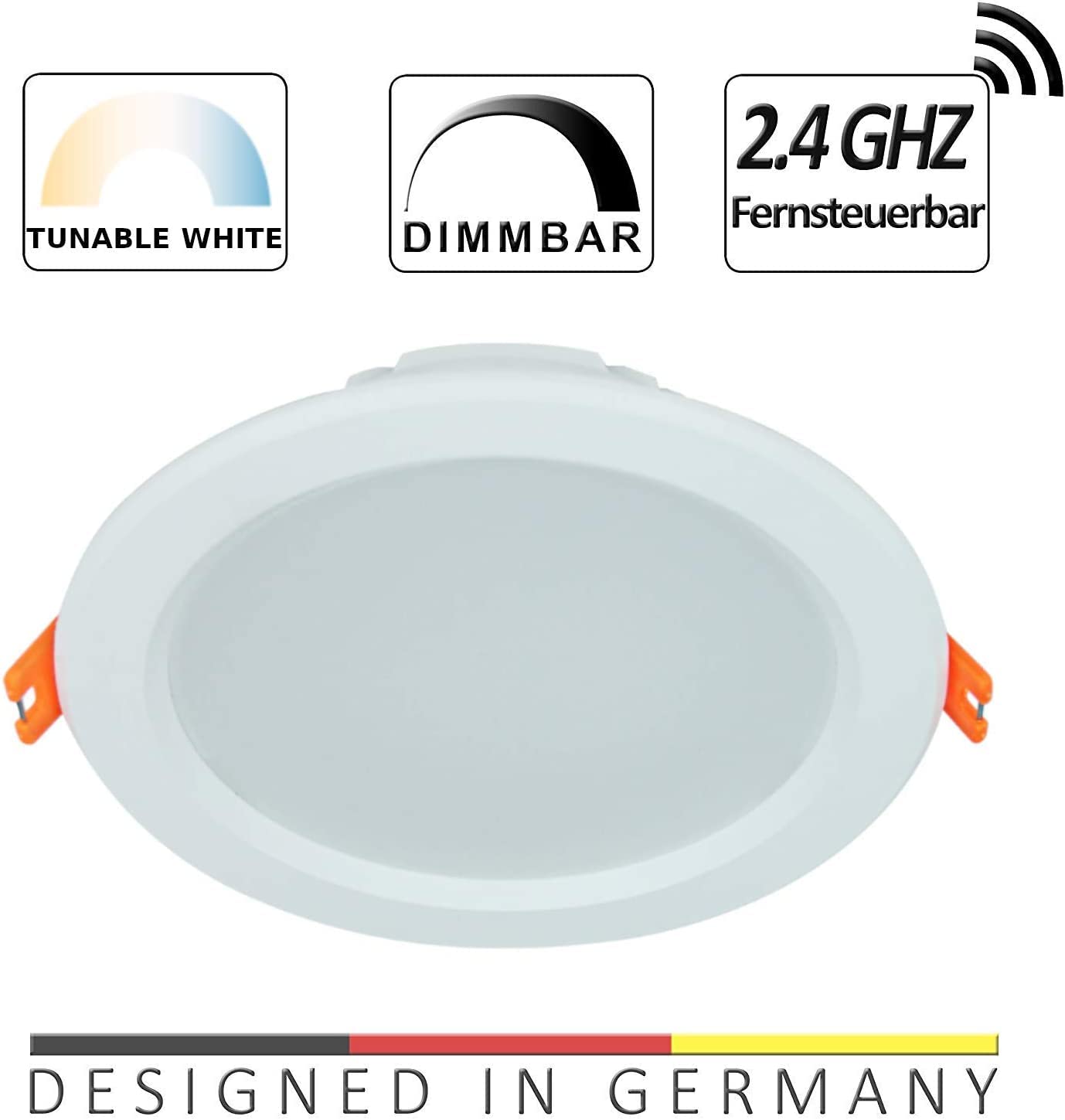 7W Tunable-White LED Einbaustrahler CCT 3000-6000K, Dimmbar + Farbtemperatur einstellbar, Warm + Neutral + Kaltweiß, IP44 Schutzklasse, 2.4G Funk (5er Set mit Fernbedienung, 7W)