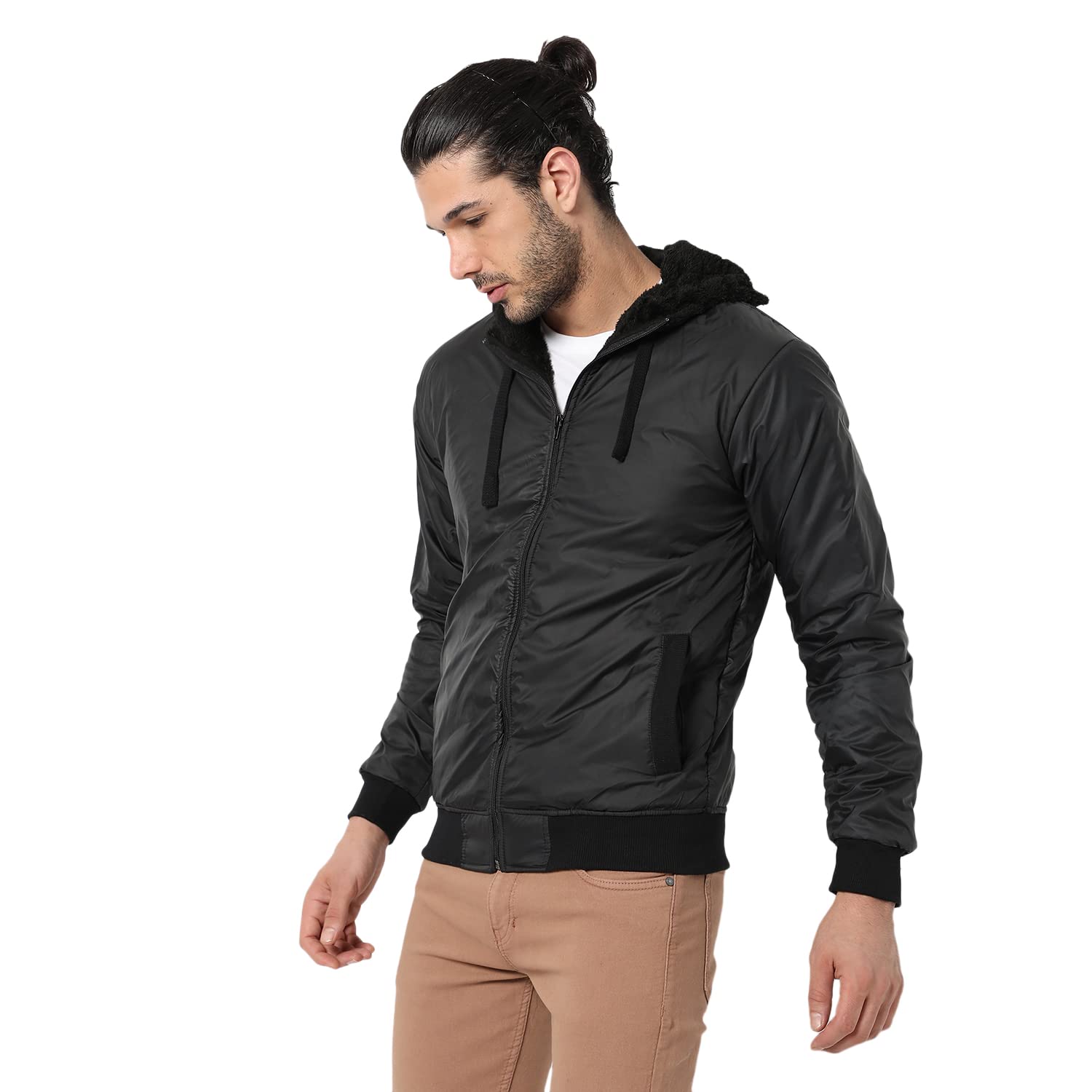 cahoot Campus Sutra Men's Polyester Standard Length Black Solid Waterproof Puffer Regular Fit Bomber Jacket For Winter Wear | Hooded Collar | Full Sleeve | Zipper | Casual Jacket For Man, XL-picture-31