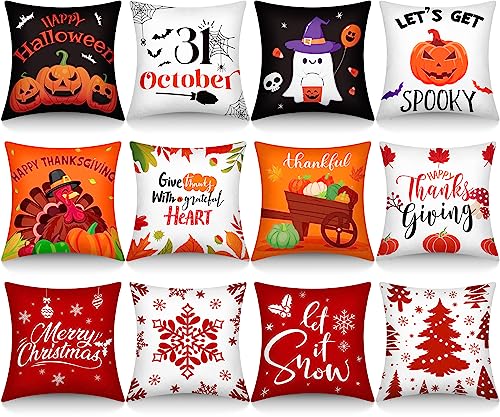 Yexiya 18 x 18 Inch Set of 12 Halloween Pillow Covers Holiday Seasonal Fall Thanksgiving Christmas Pumpkin Pillow Covers Ghost Spider Turkey Snow Christmas Tree Cushion Case for Home Decoration