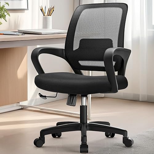 NEO Chair Office Desk Ergonomic Mesh Computer Chair with Lumbar Support Adjustable Height Swivel Rolling Wheels Comfy Mid Back Task Chair for Home Bedroom Vanity Study (Black)