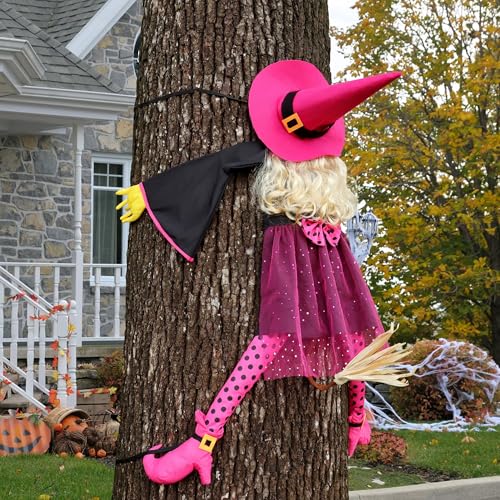 HOIIOH 53" Crashing Witch Halloween Decoration - Funny Pink Witch