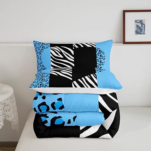 Miniatura 5 de Manfei Juego de edredón de leopardo azul, tamaño individual, juego de ropa de cama con estampado de corazón romántico de 2 piezas para niños y