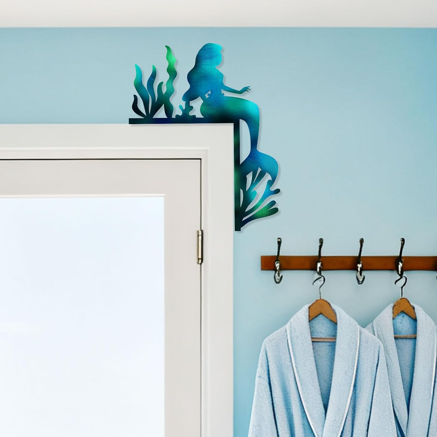 Pigort Ocean Door Frame Decoration– Metal Mermaid, Dolphin, Starfish Wall Art – Beach Themed Corner Signs for Door, Window, Bathroom, Home, Office Indoor & Outdoor (Mermaid)