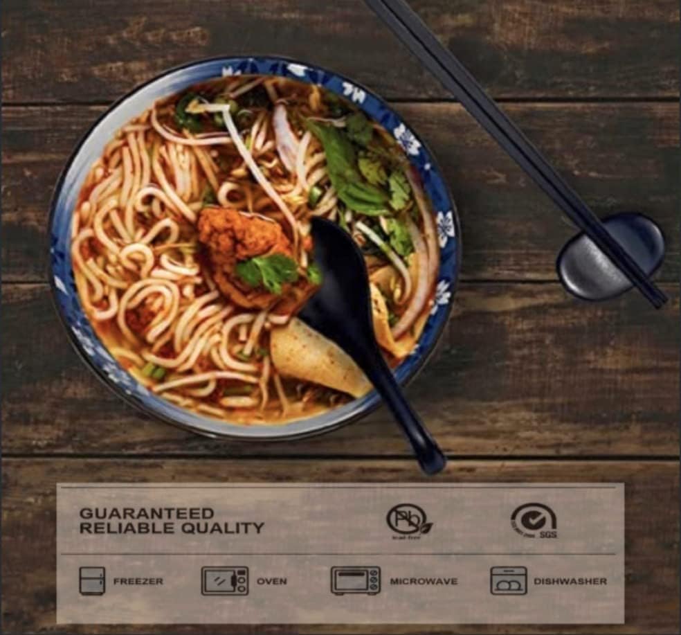 Miniatura 4 de Juego de cuencos de cerámica para ramen  8 piezas  Tazones de ramen japonés grandes de 40 onzas, cucharas, palillos y soportes para palillos para