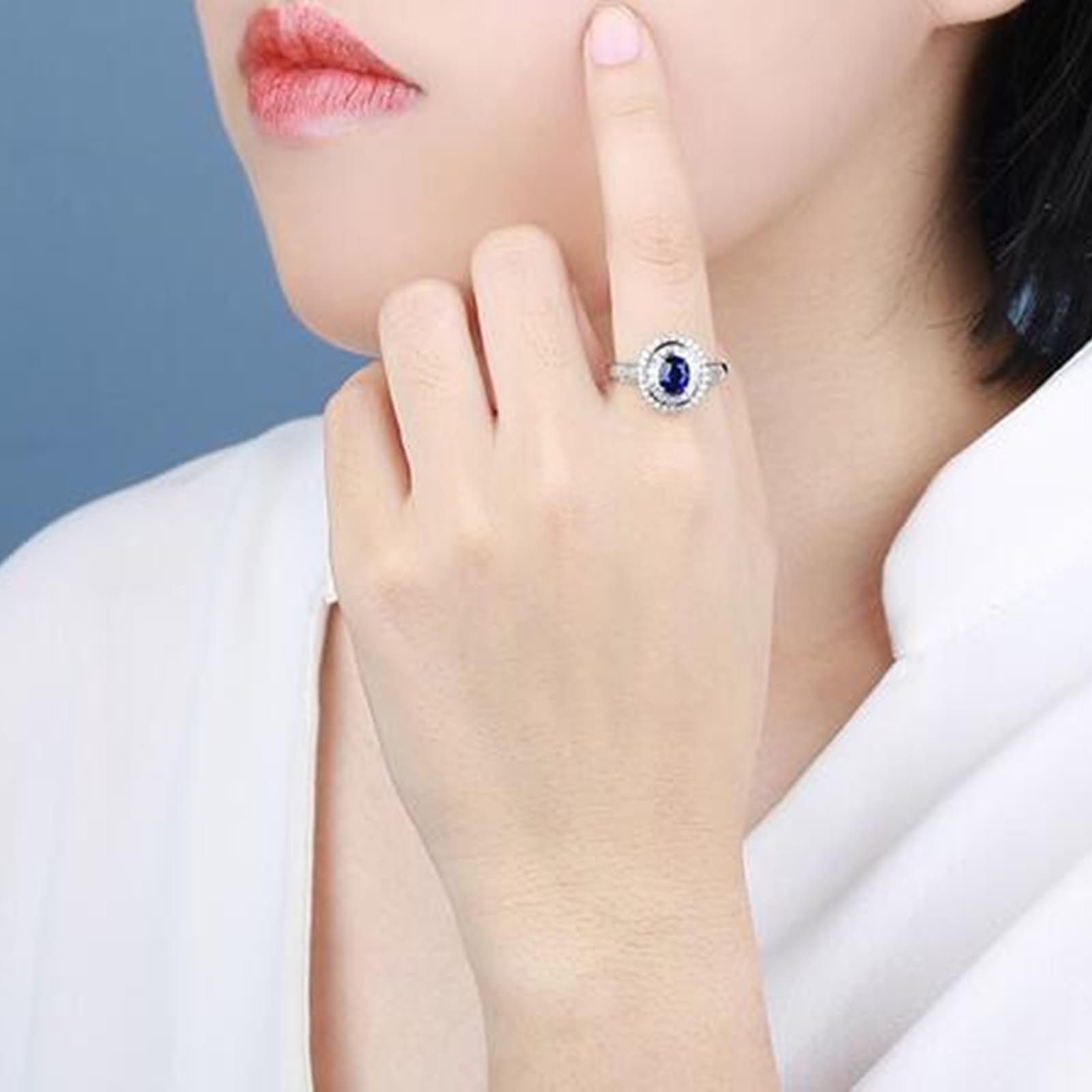 Fedi nuziali in oro bianco 18 carati blu zaffiro ovale, anello da donna con zaffiro da 1,26 carati e diamanti anelli da donna misura 17 (18,1), 57 (18.1), metallo prezioso, Zaffiro