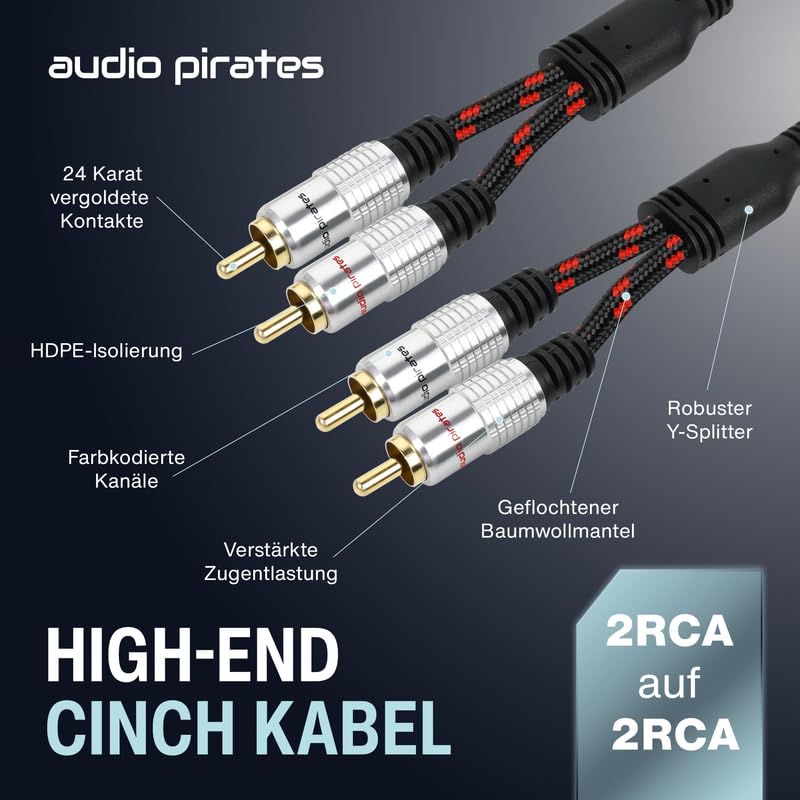 audio pirates 2x2 RCA Cinch Kabel mit Splitter | 10m | Stereo Audio-Kabel | OFC Kupfer | OD: 6mm | Nylon-Ummantelung | 24K Goldkontakte | Hifi, Home Cinema, Auto | PERFORMANCE+ COLLECTION