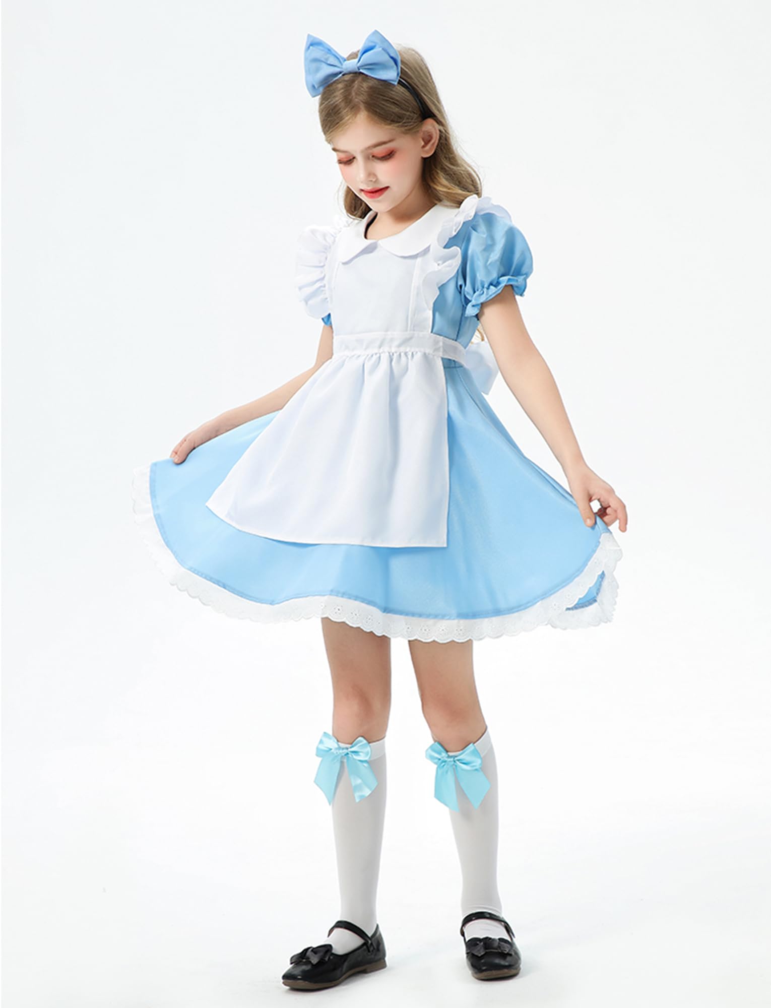 Girls 3Pcs Maid Dress with White Apron Bow Headwear for Halloween Cosplay Lolita Anime Party Uniform Blue 13-14 Years - Image 4