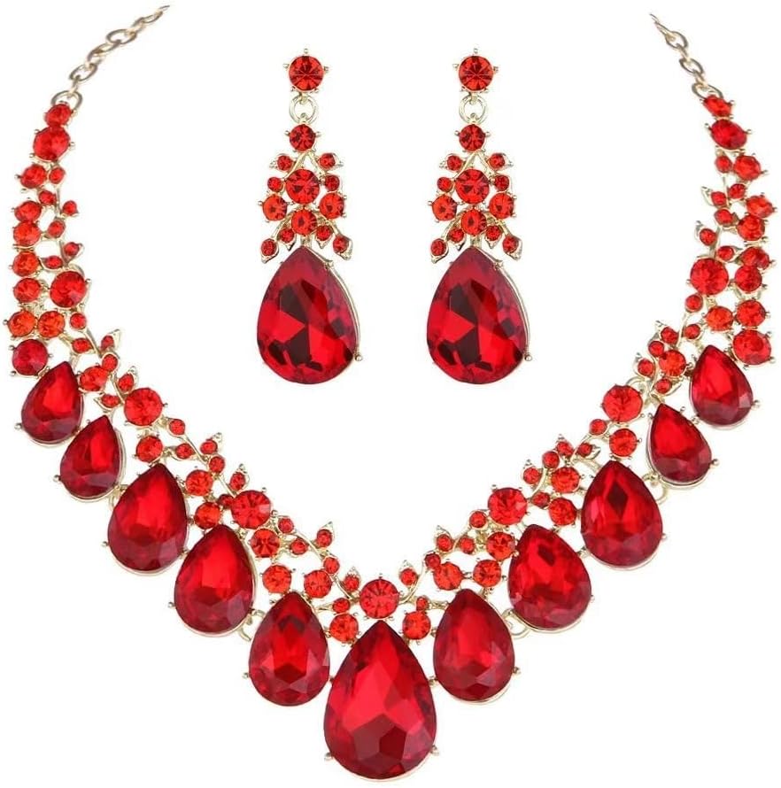 Crystal Teardrop Bridal Jewelry Set Rhinestone Bib Statement Necklace Dangle Earrings Women Costume Fashion Necklace for Wedding Prom