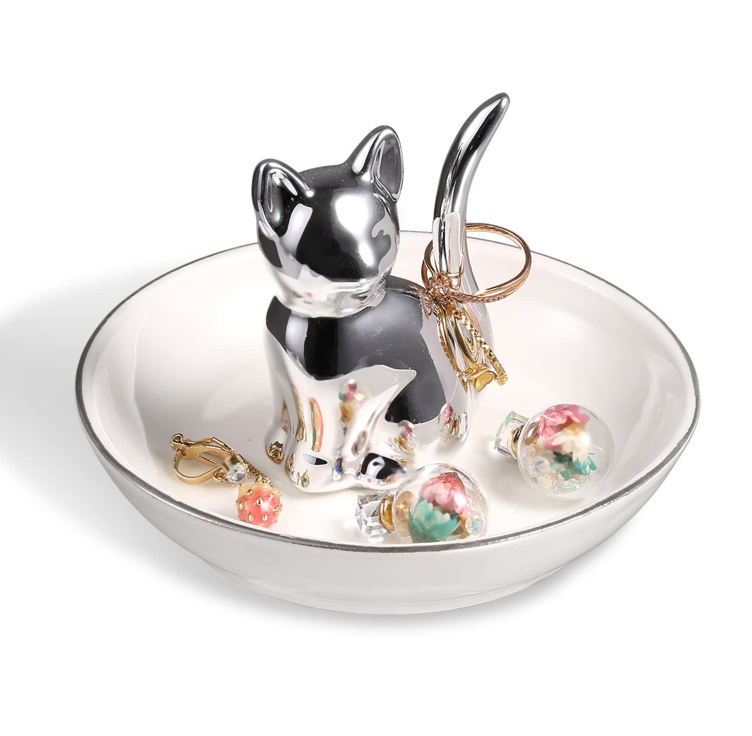 KARALINKARALIN Trinket Ring Tray, Ceramic Kitty Ring Holder, Dish Tray for Jewelry Storage Porcelain Jewelry Tray Trinket Plate (Silver Cat)