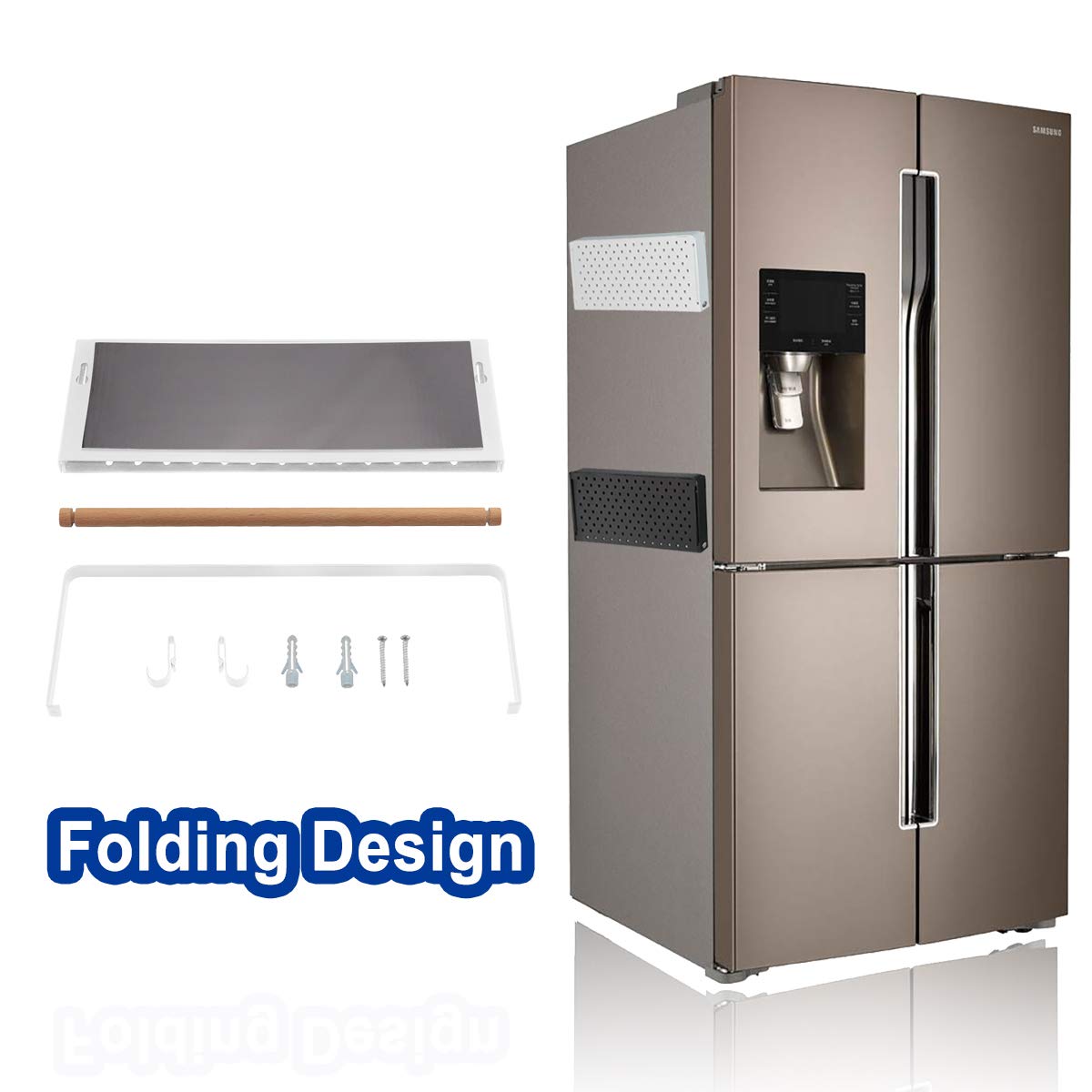 Magnetisches Kühlschrank-Gewürzregal, 2 Etagen, faltbar, für die Küche, magnetisch, Seitenregal Aufbewahrung von Gewürzen, Saucen, Salz, Pfeffer, Handtuch mit Holzhalter Haken und Schraube weiß
