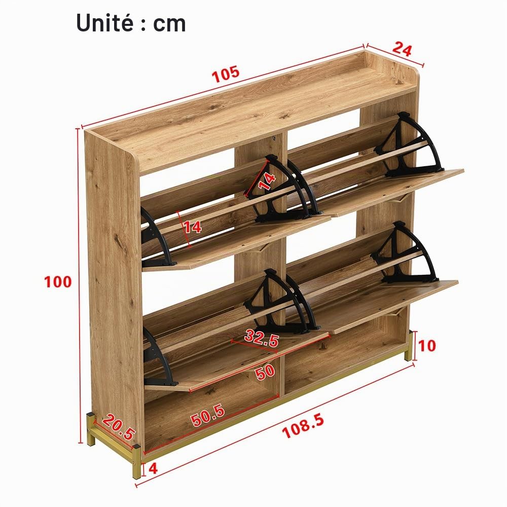 Elégant Meuble à Chaussures en Bois à 4 Portes coulissantes en rotin, Meuble de Rangement pour la Maison avec Cadre en métal et étagère supérieure (108.5 L x 24 B x 100 H)