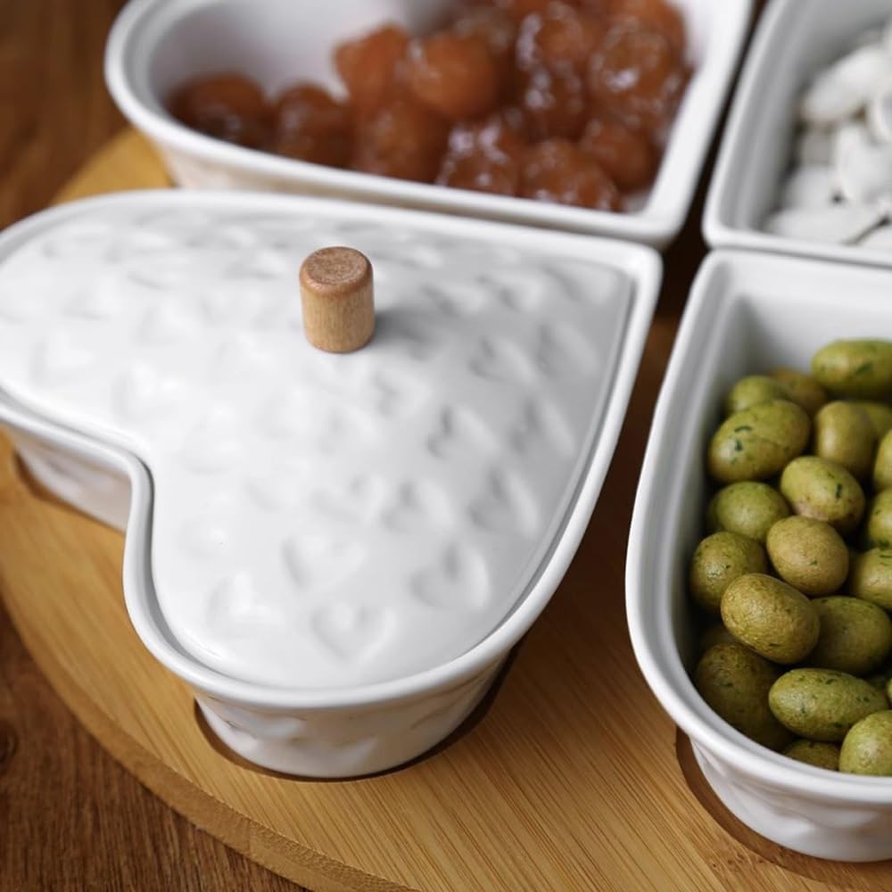 Geteiltes Serviertablett mit 4 Schalen auf Bambusplatte – ideal für Vorspeisen & Snacks für Partys, Versammlungen & Events