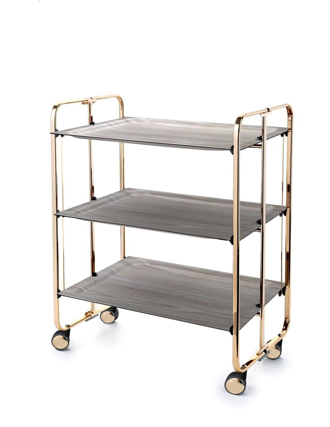 DON HIERRO - Carrito plegable con ruedas BAUHAUS, armazón con baño de oro, 3 estantes.-Fresno