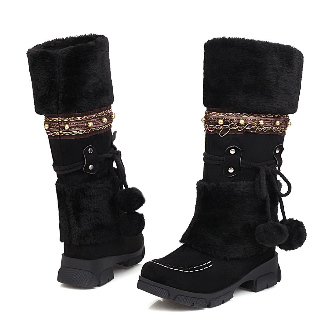 Women Winter Boots Boho Inspired Suede Warm Fur-Lined Winter Ankle Booties with Anti-Slip Sole Handcrafted Embroidery Vintage Design