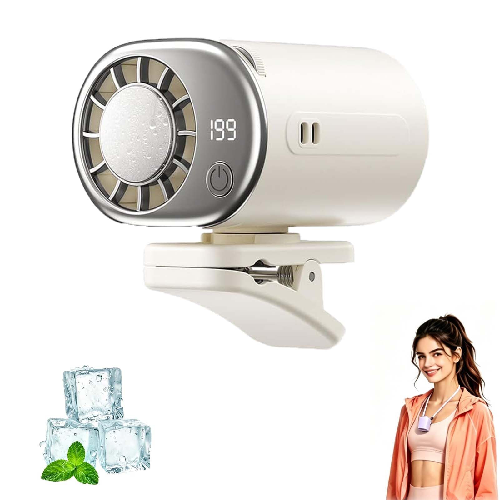 YERFFZE Car Clip-On Cooling Fan with LED Display, 360° Swivel Head, USB Rechargeable, 199 Adjustable Speeds, Lightweight Semi-Cooling Airflow, Wide Clamp for Vehicle, Desk, Umbrella, Camping, White